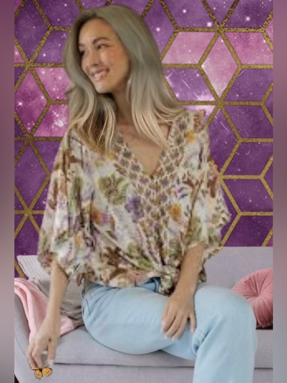 She & Sky Boho Tie-Front Starburst & Floral-Print Blouse